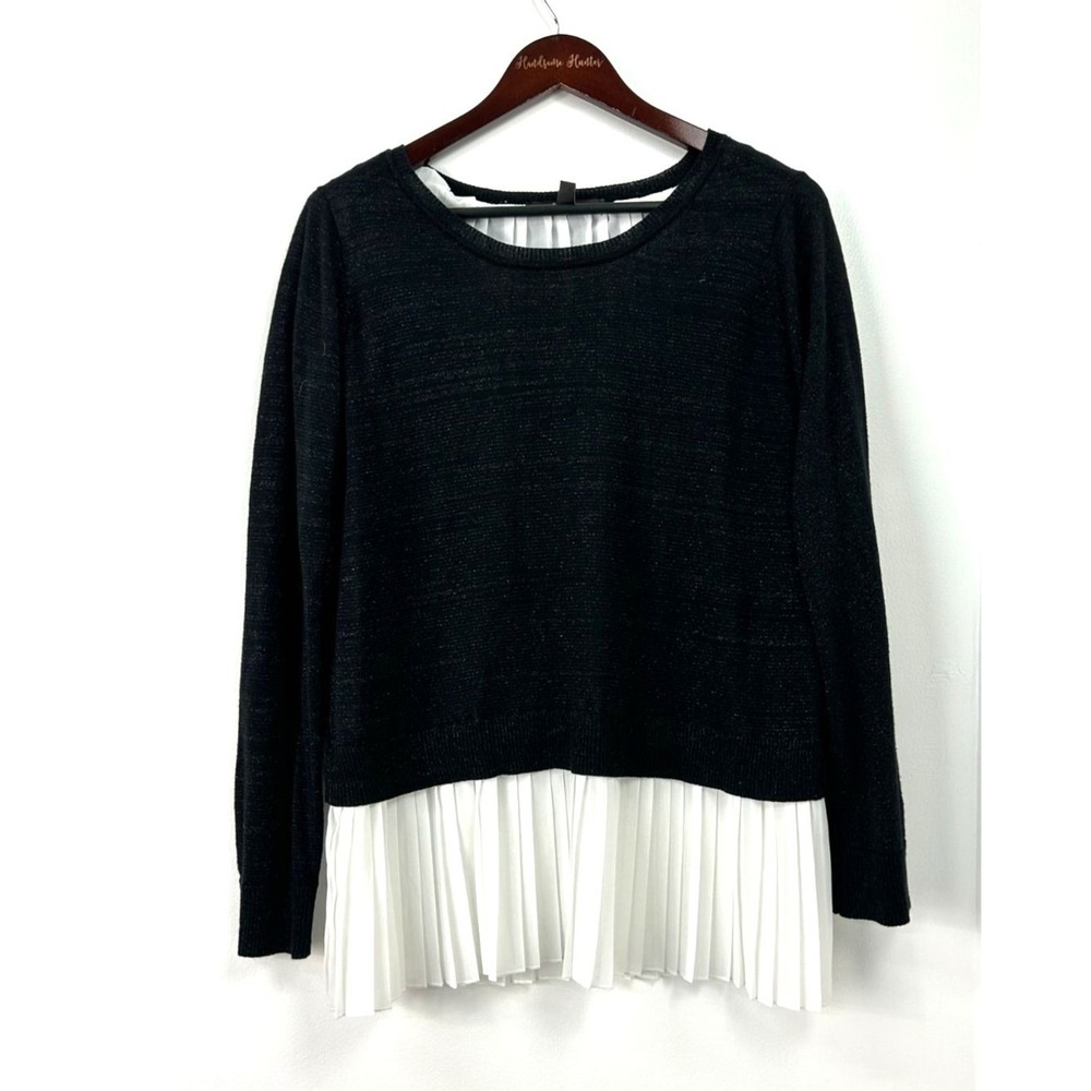 Fever Womens Layered Pleated Sweater Black Ivory Surplice Metallic Knit L 1176T3